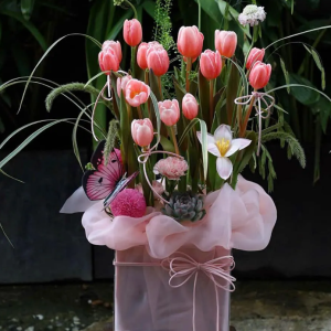 Chậu Hoa Lụa Tulip Coral Garden